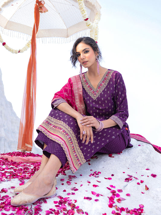 Span Purple V-Neck Silk Kurta Set with Dupatta