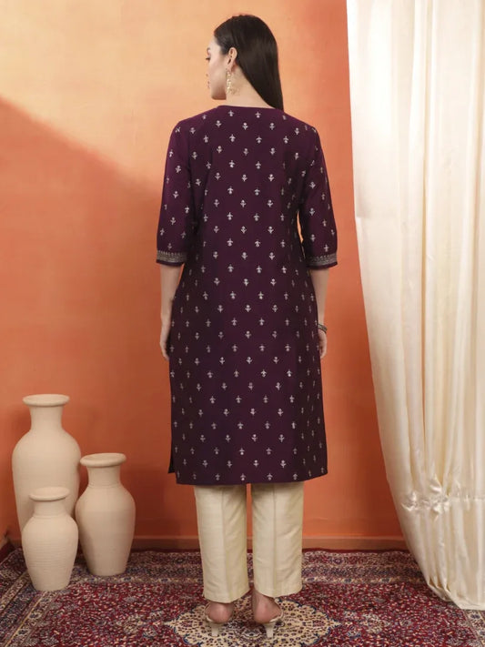 Span Purple Silk V-neck Kurta