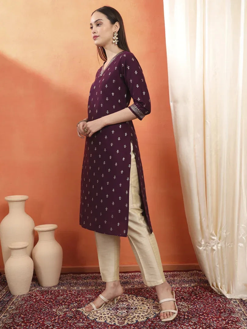 Span Purple Silk V-neck Kurta