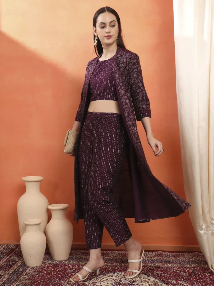 Span Purple Jacket Collard Silk 3PCS Set