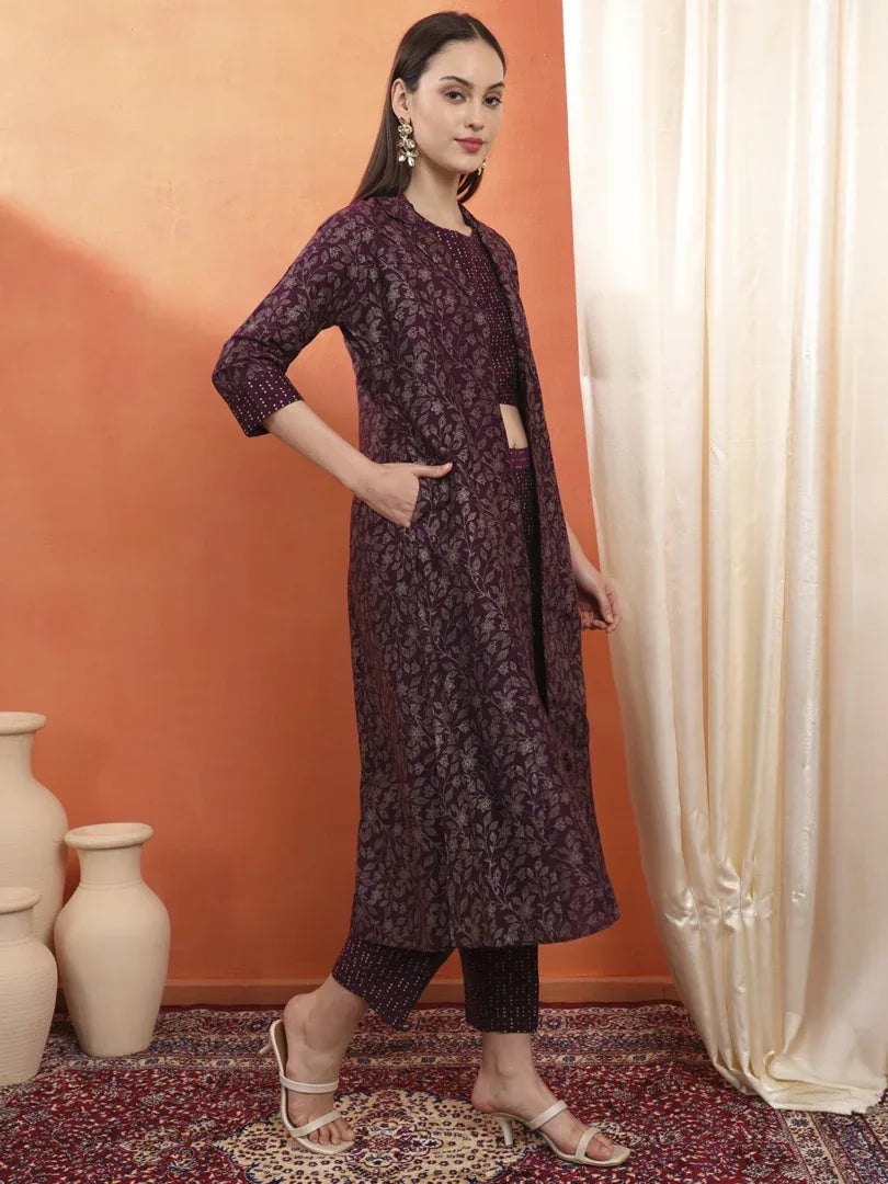 Span Purple Jacket Collard Silk 3PCS Set