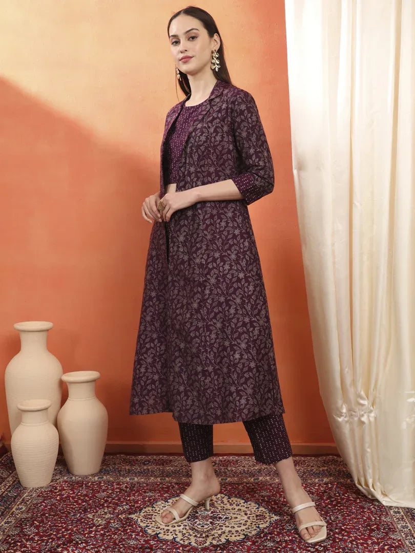 Span Purple Jacket Collard Silk 3PCS Set