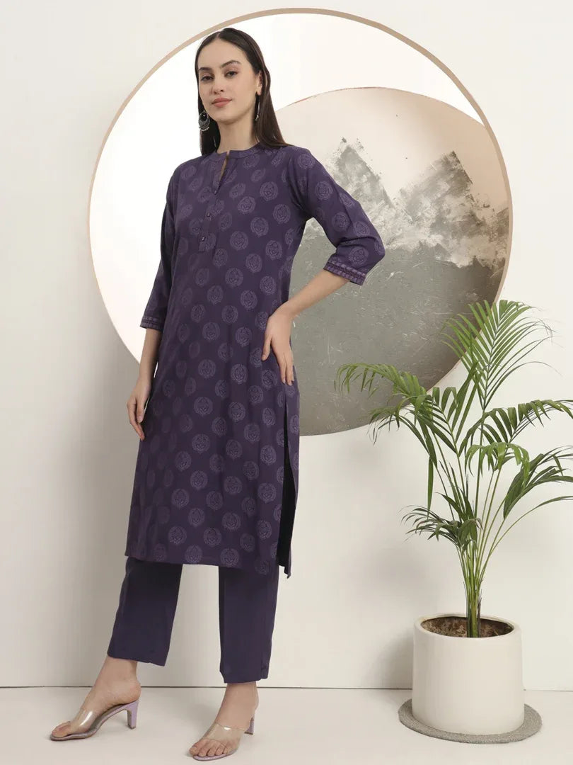Span Purple Mandarin Rayon Kurta