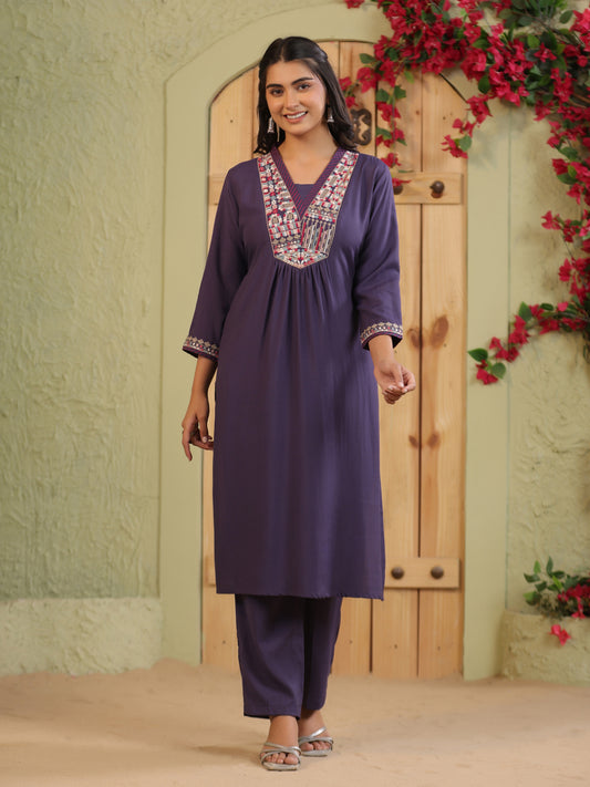 Span Purple Deep-V Rayon casual Kurta