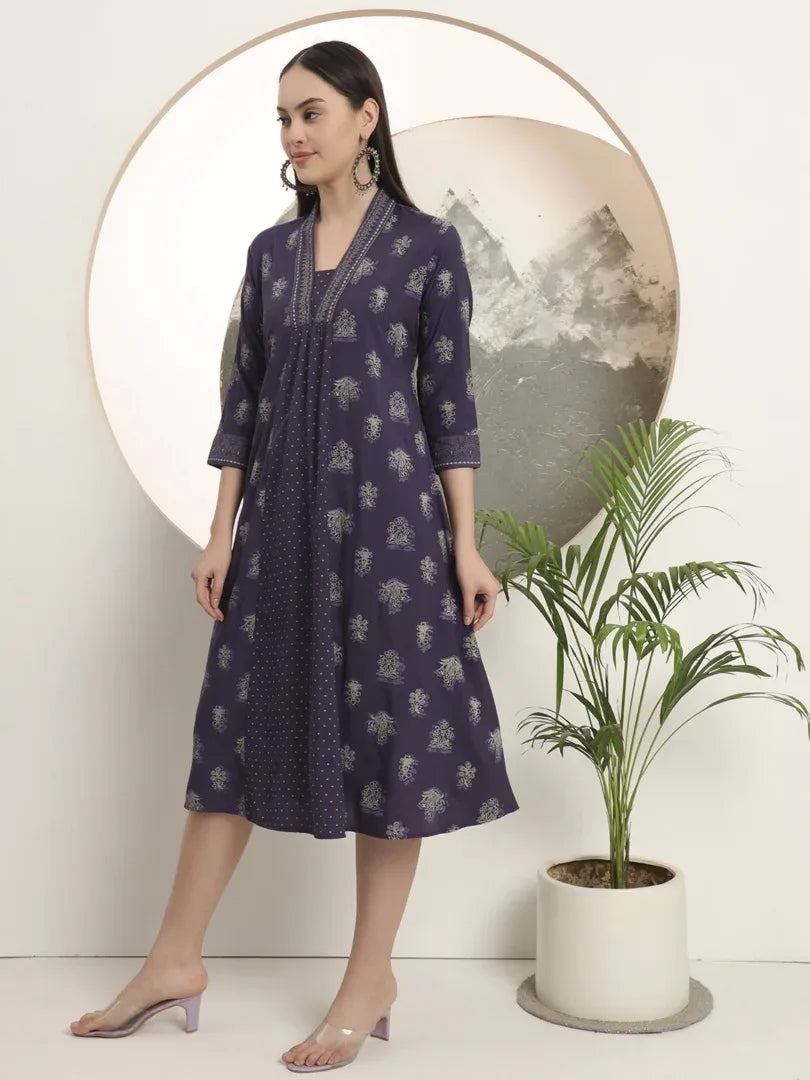 Span Purple Deep-V Rayon Kurta