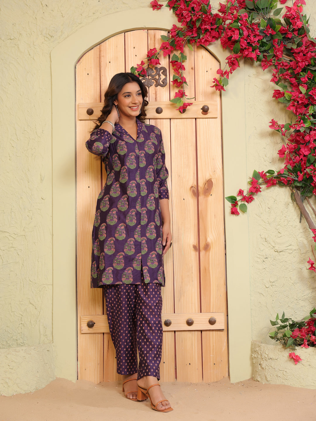 Span Purple Deep-V Viscose Co-Ord Set (Set of 2)