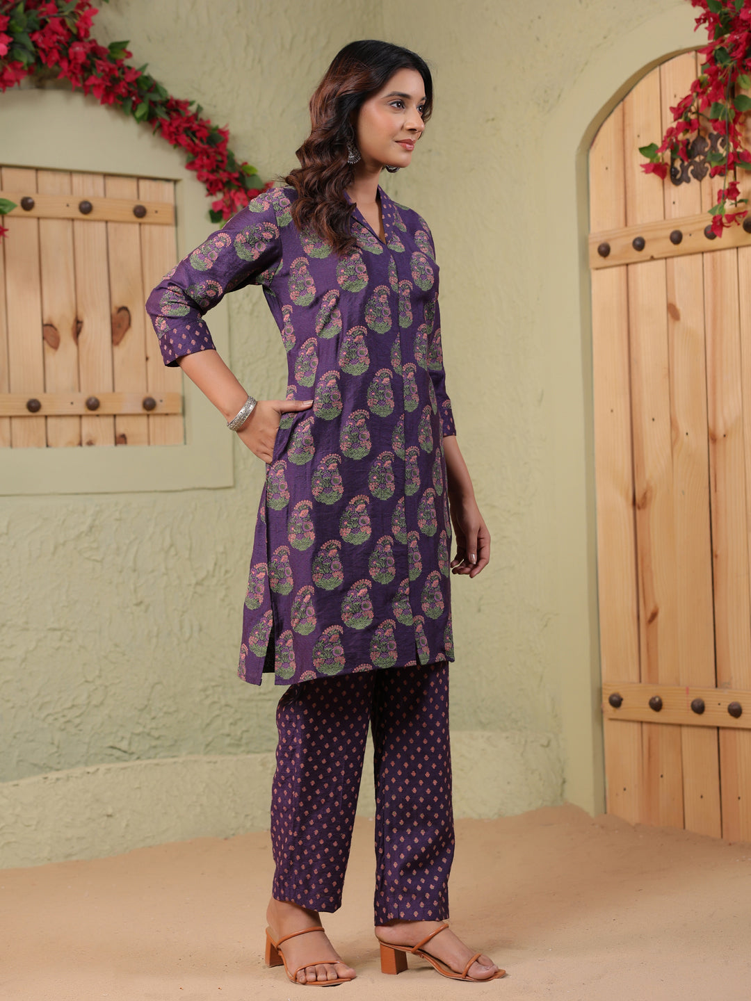 Span Purple Deep-V Viscose Co-Ord Set (Set of 2)
