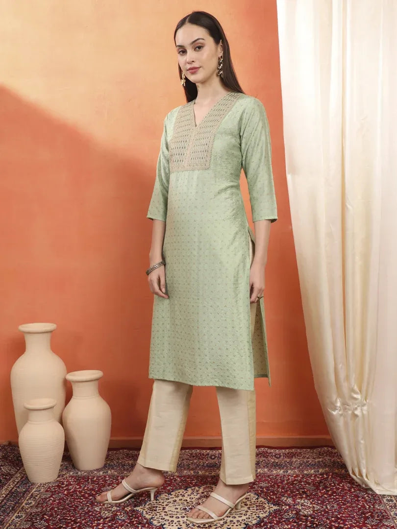 Span Green V-Neck Viscose Kurta