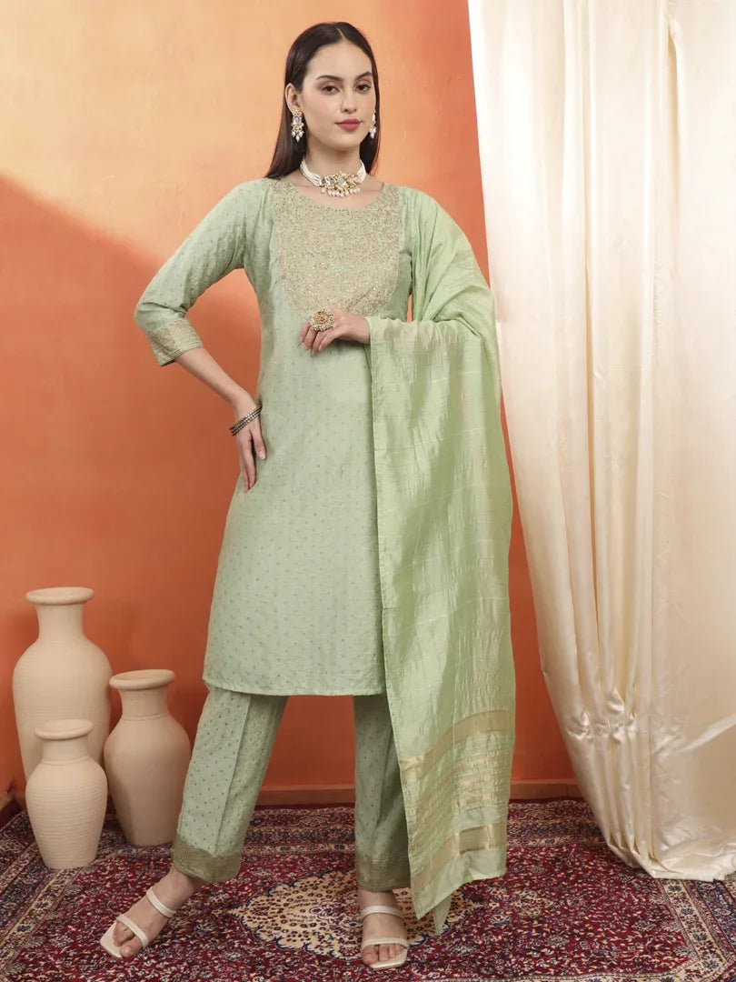 Span Green Round Neck Silk Kurta Set with Dupatta
