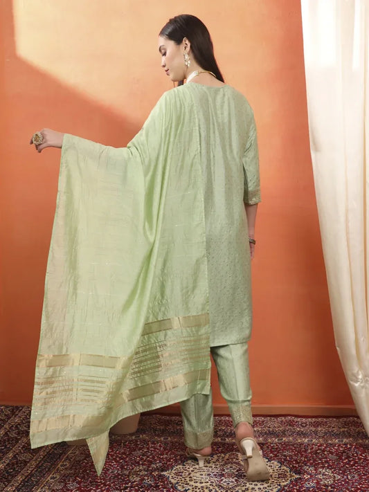 Span Green Round Neck Silk Kurta Set with Dupatta