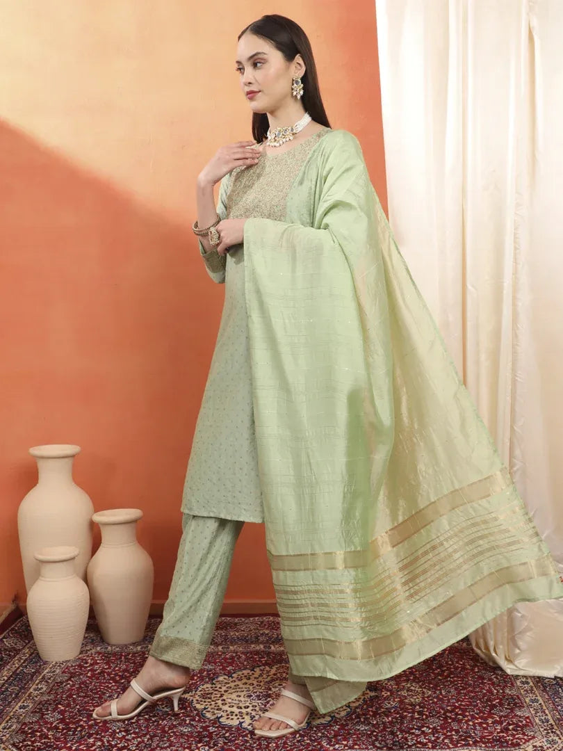 Span Green Round Neck Silk Kurta Set with Dupatta