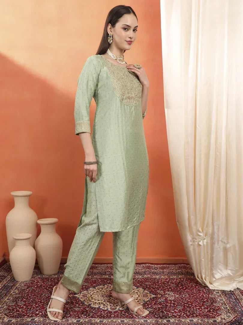 Span Green Round Neck Silk Kurta Set with Dupatta