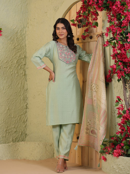Span Green Round Neck Silk Kurta Set with Dupatta