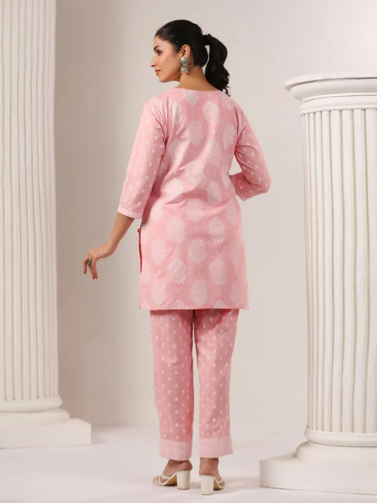 Span Pink V-Neck Cotton Co-Ord Set (Set of 2)