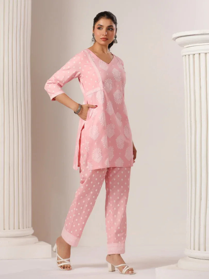Span Pink V-Neck Cotton Co-Ord Set (Set of 2)