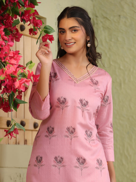 Span Pink V Neck Viscose Kurta