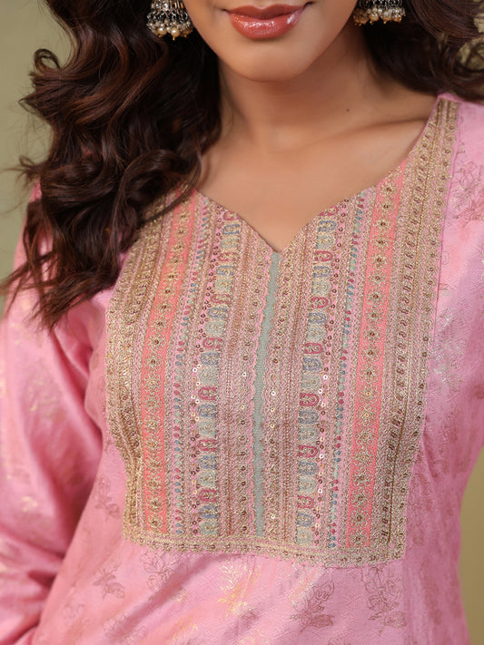 Span Pink V Neck Viscose Kurta Set with Dupatta
