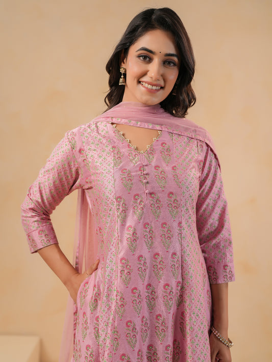 Span Pink V Neck Viscose Kali Kurta Set with Dupatta