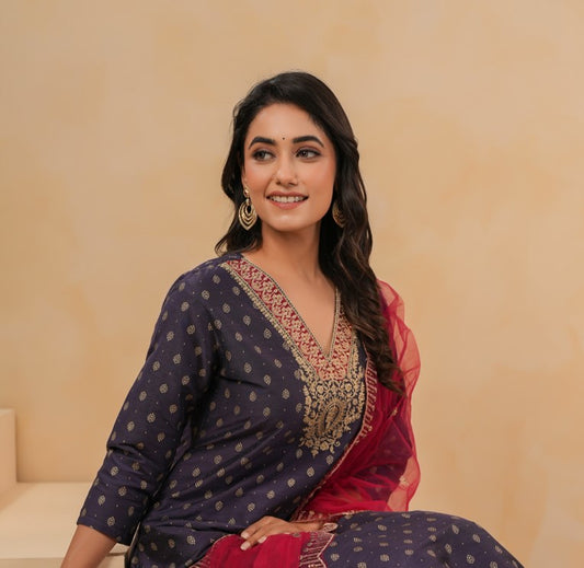 Span Purple V Neck Cotton Kurta Set with Dupatta