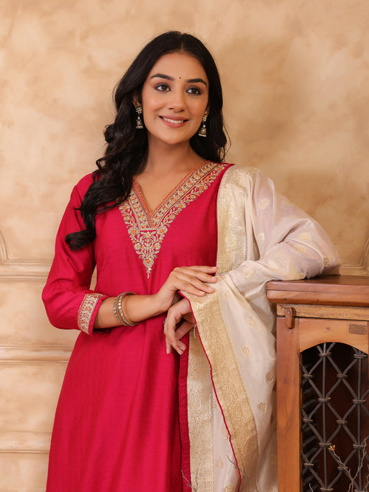 Span Pink V Neck Viscose Kurta Set with Dupatta