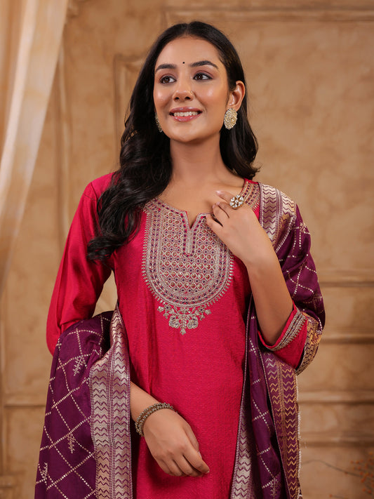 Span Pink Round Neck Viscose Kurta Set with Dupatta