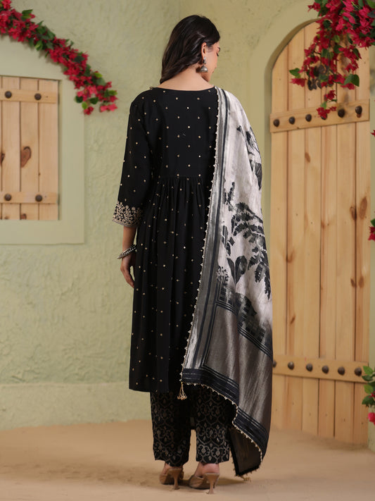 Span Black Round Neck Polyster Kurta Set with Dupatta