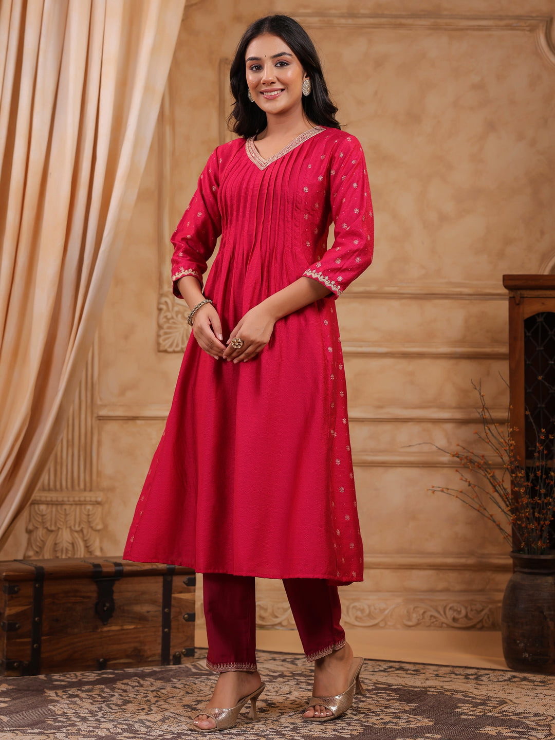 Span Pink V Neck Viscose Kurta