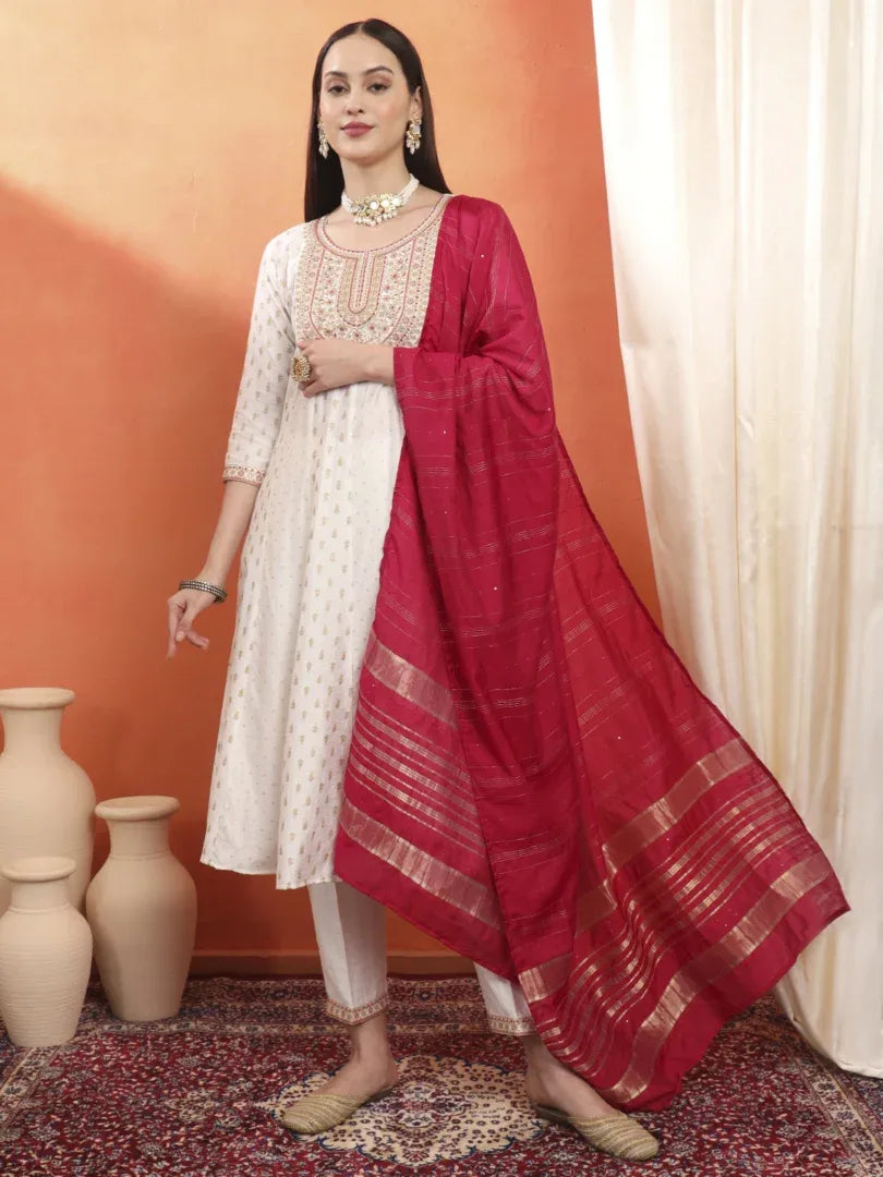 Span White Round Neck Viscose Kurta Set with Dupatta