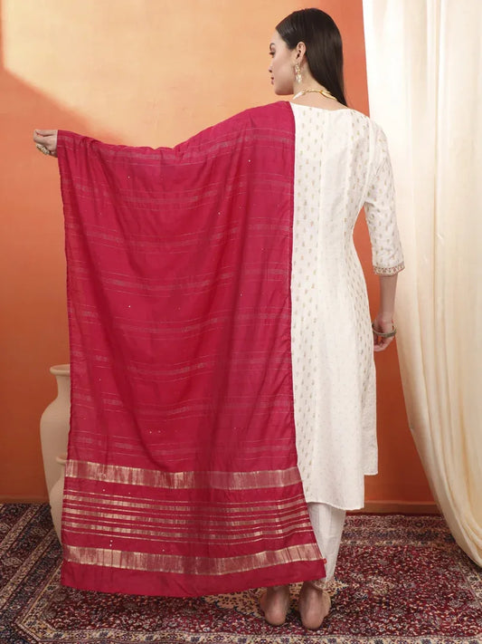 Span White Round Neck Viscose Kurta Set with Dupatta