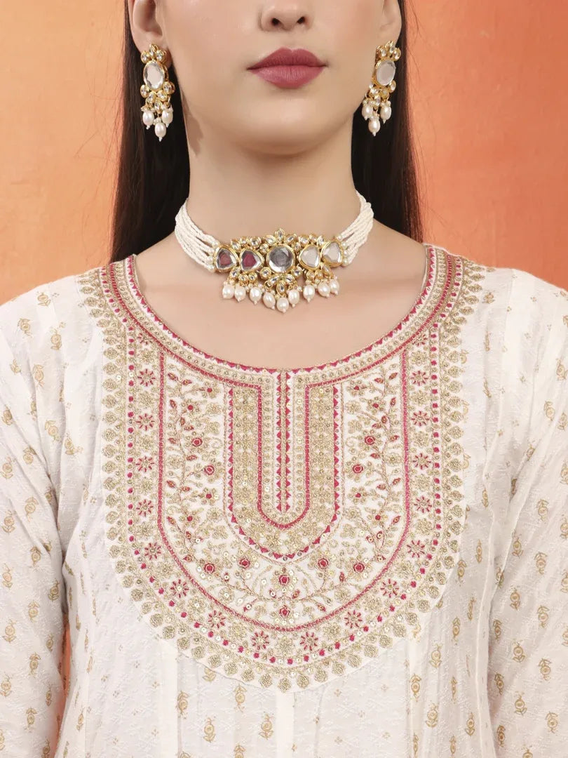 Span White Round Neck Viscose Kurta Set with Dupatta