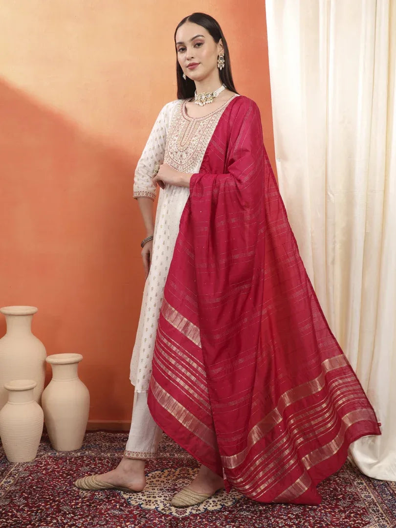 Span White Round Neck Viscose Kurta Set with Dupatta