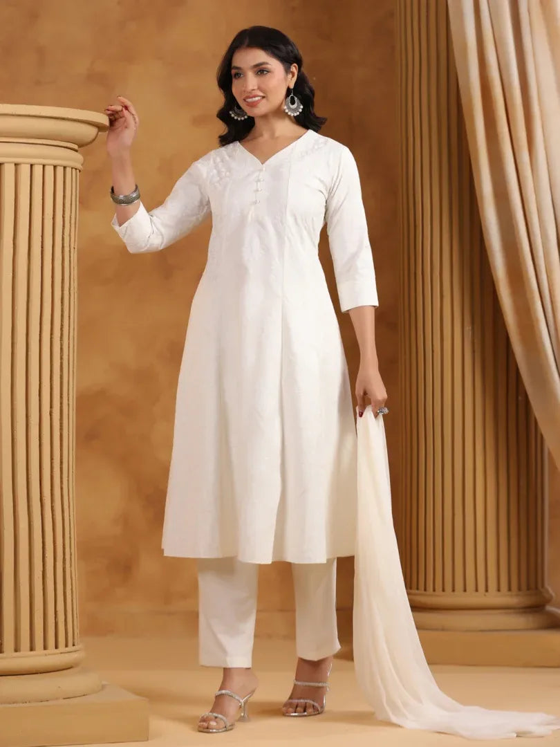 Span White Chiffon Kurta Set with Dupatta