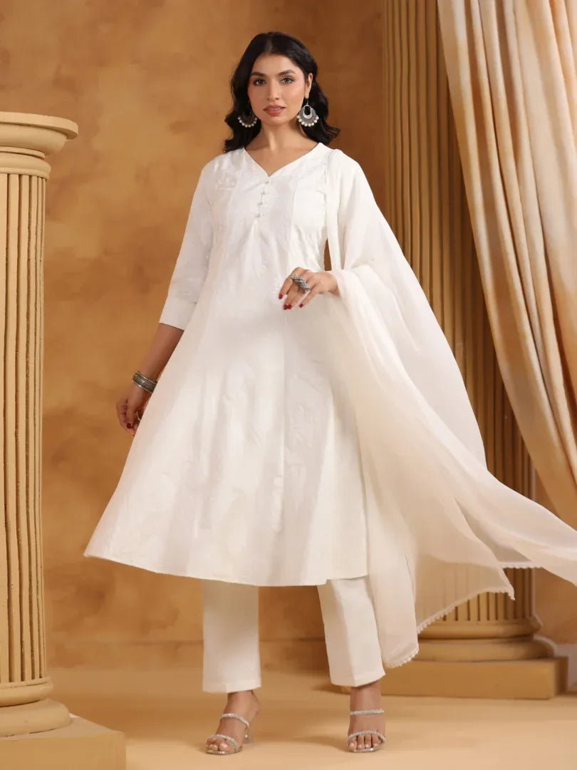 Span White Chiffon Kurta Set with Dupatta