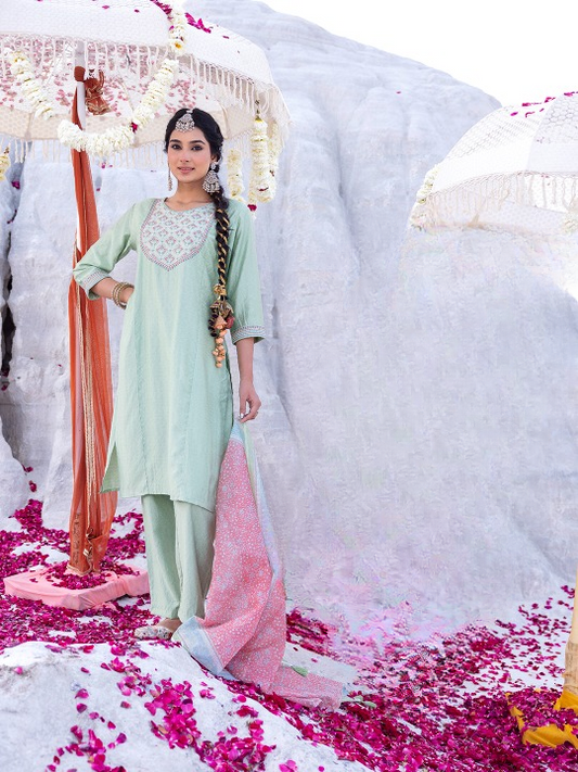 Span Green Round Neck Vuscose Kurta Set with Dupatta