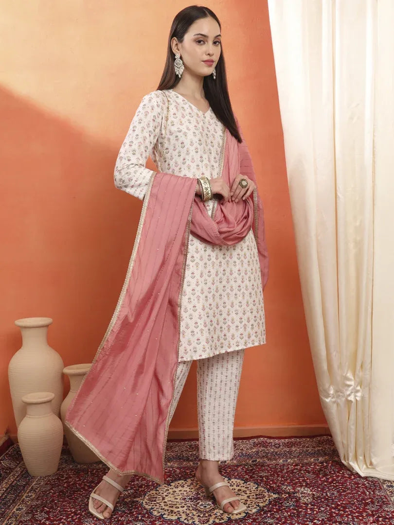 Span White V-Neck Viscose Kurta Set with Dupatta