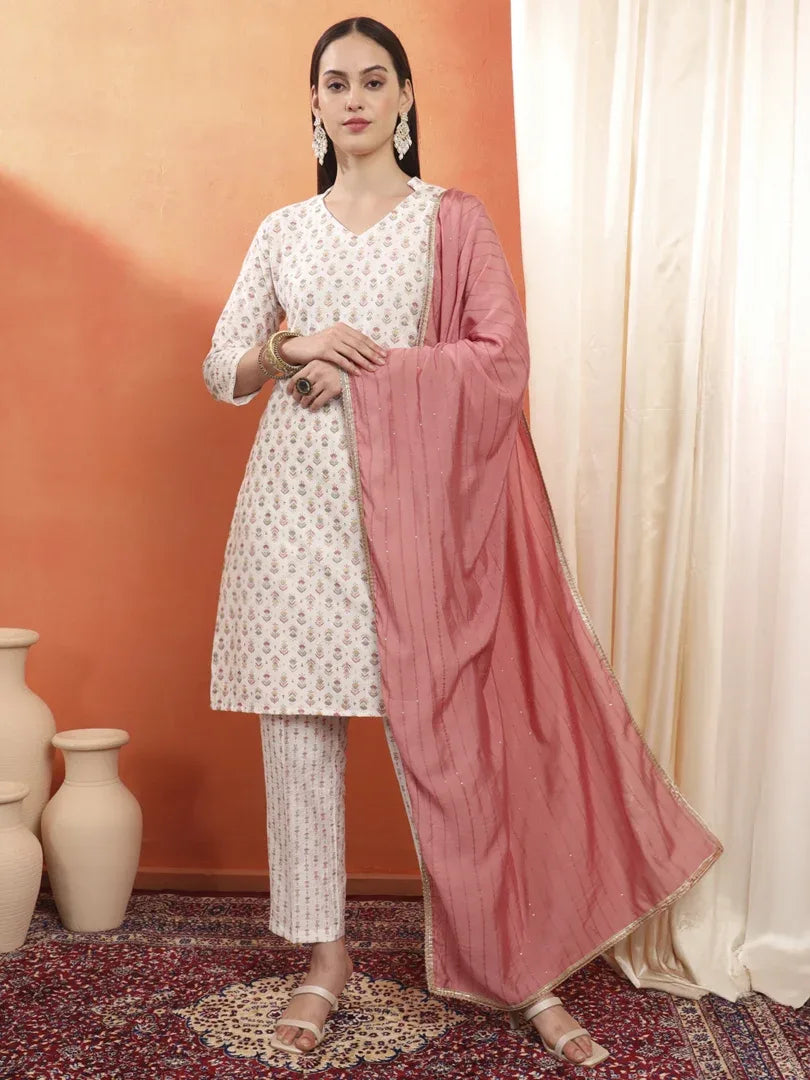 Span White V-Neck Viscose Kurta Set with Dupatta
