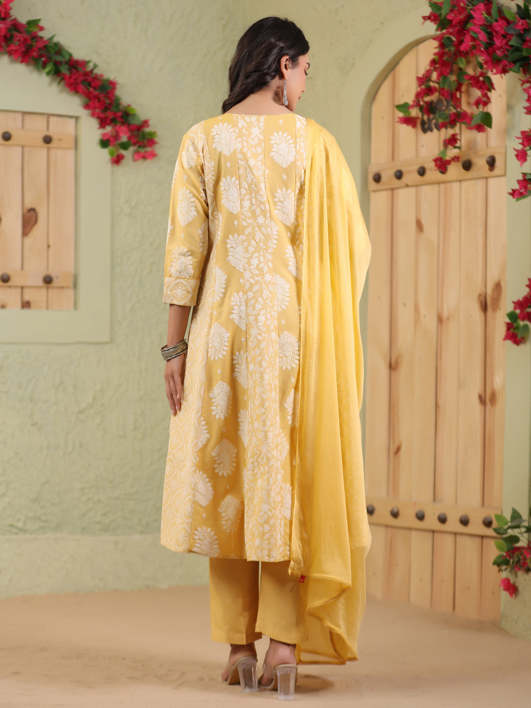 Span Yellow V-Neck Cotton Kurta Set with Dupatta