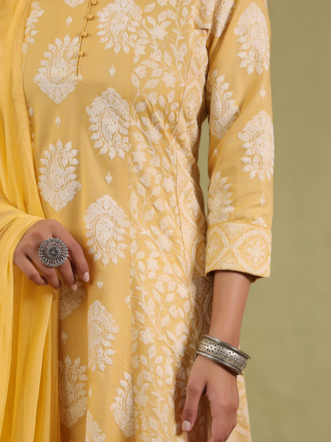 Span Yellow V-Neck Cotton Kurta Set with Dupatta