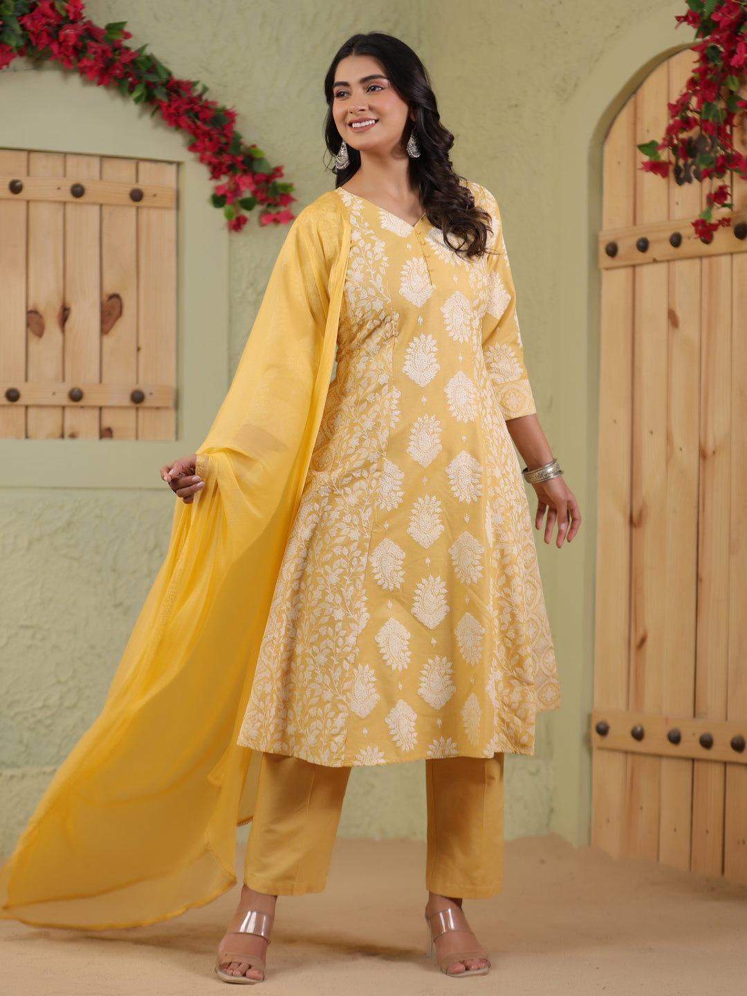 Span Yellow V-Neck Cotton Kurta Set with Dupatta