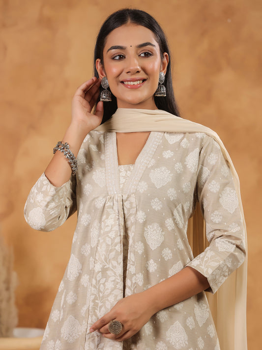 Span Beige Deep V Cotton Kurta Set with Dupatta