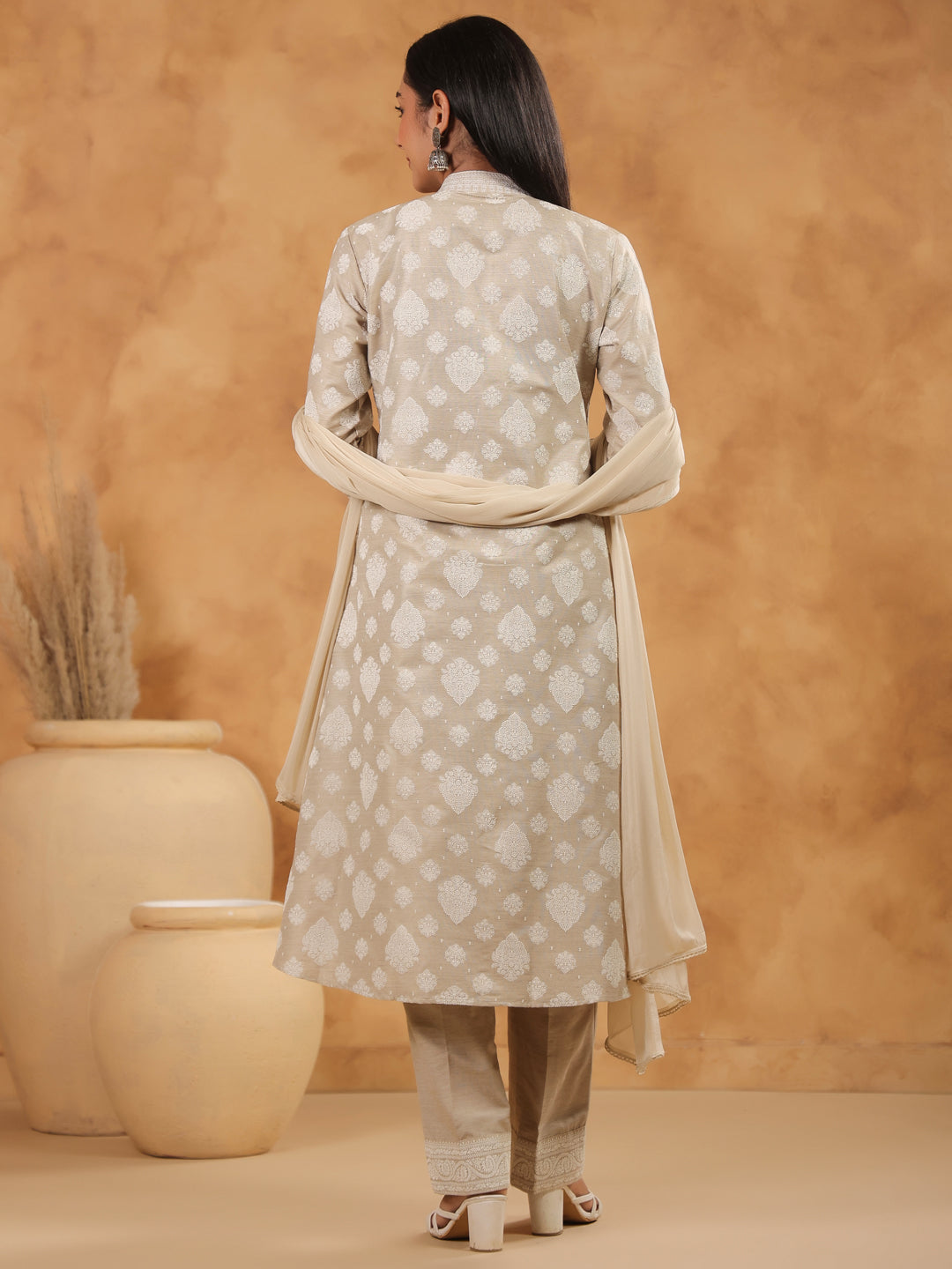 Span Beige Deep V Cotton Kurta Set with Dupatta