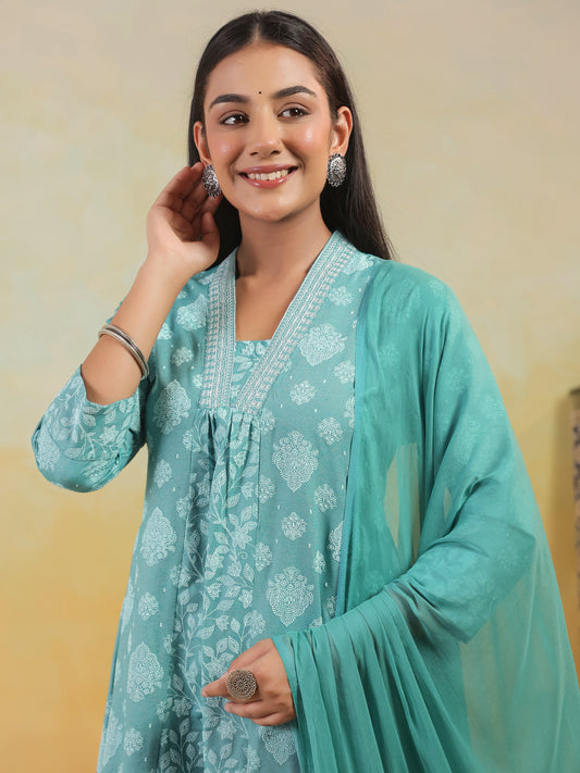 Span Green Deep V Cotton Kurta Set with Dupatta