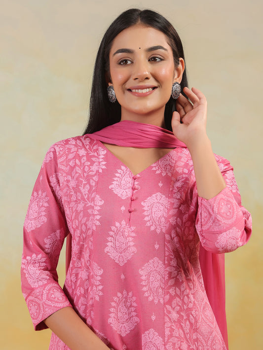 Span Pink V Neck Cotton Kurta Set with Dupatta