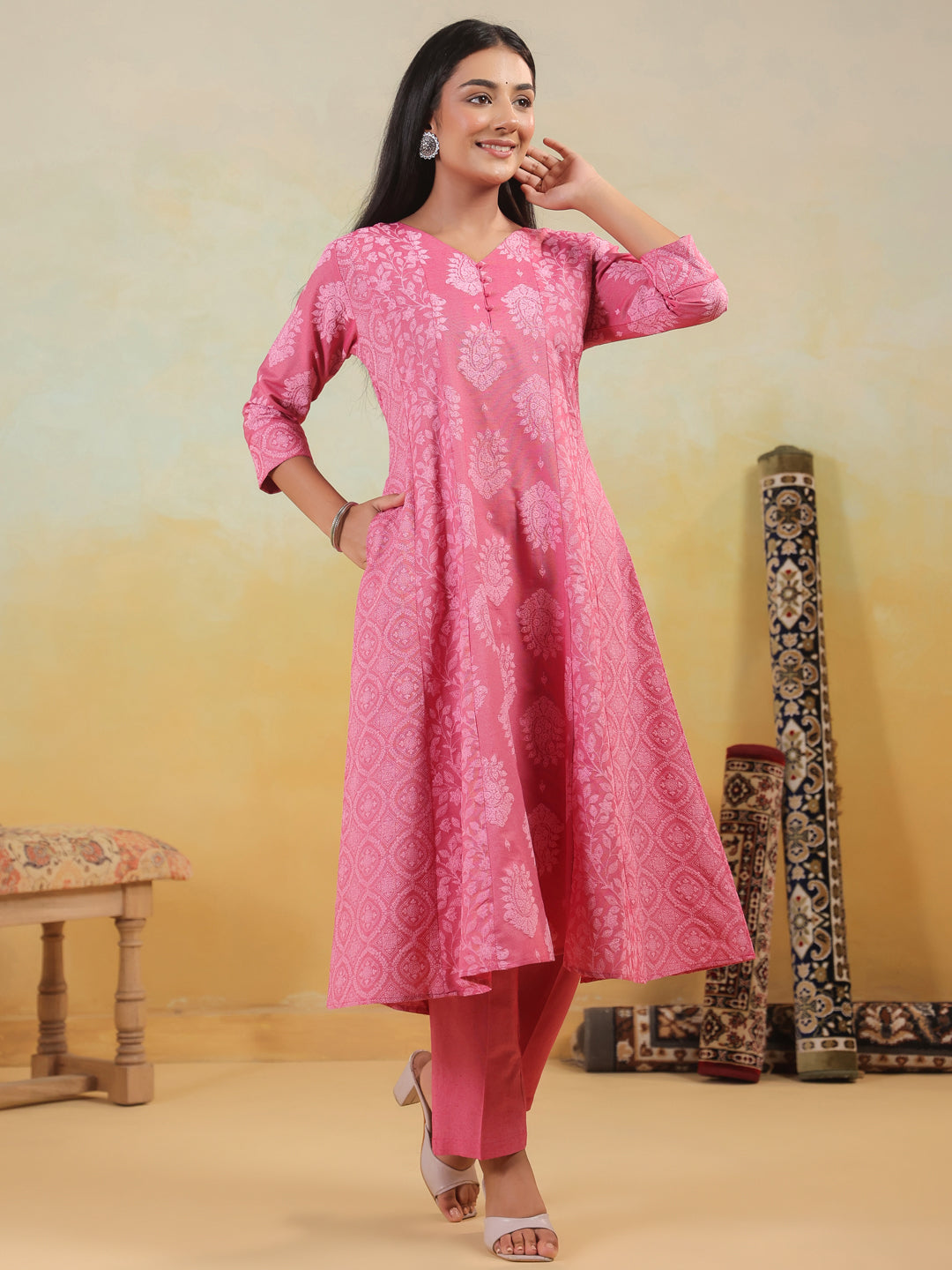 Span Pink V Neck Cotton Kurta Set with Dupatta