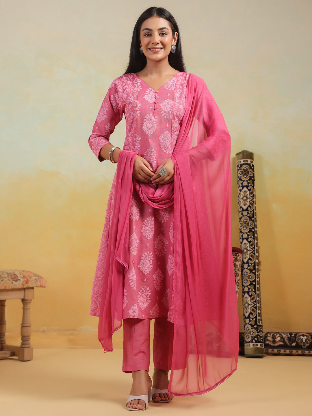 Span Pink V Neck Cotton Kurta Set with Dupatta