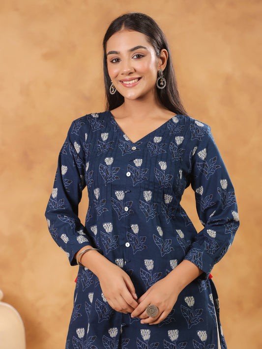 Span Blue V Neck Cotton Short Kurta