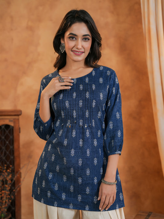 Span Blue Round Neck Cotton Short Kurta