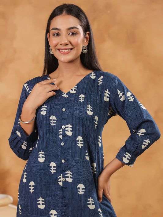 Span Blue V Neck Cotton Co-Ord Set(Set of 2)