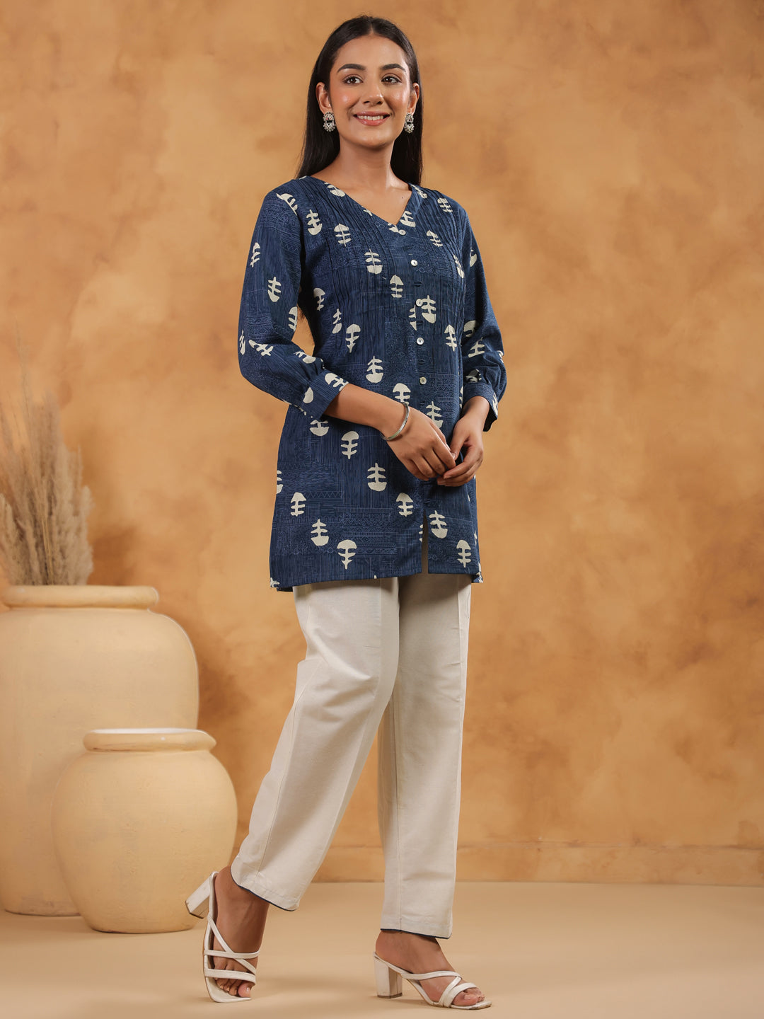Span Blue V Neck Cotton Co-Ord Set(Set of 2)