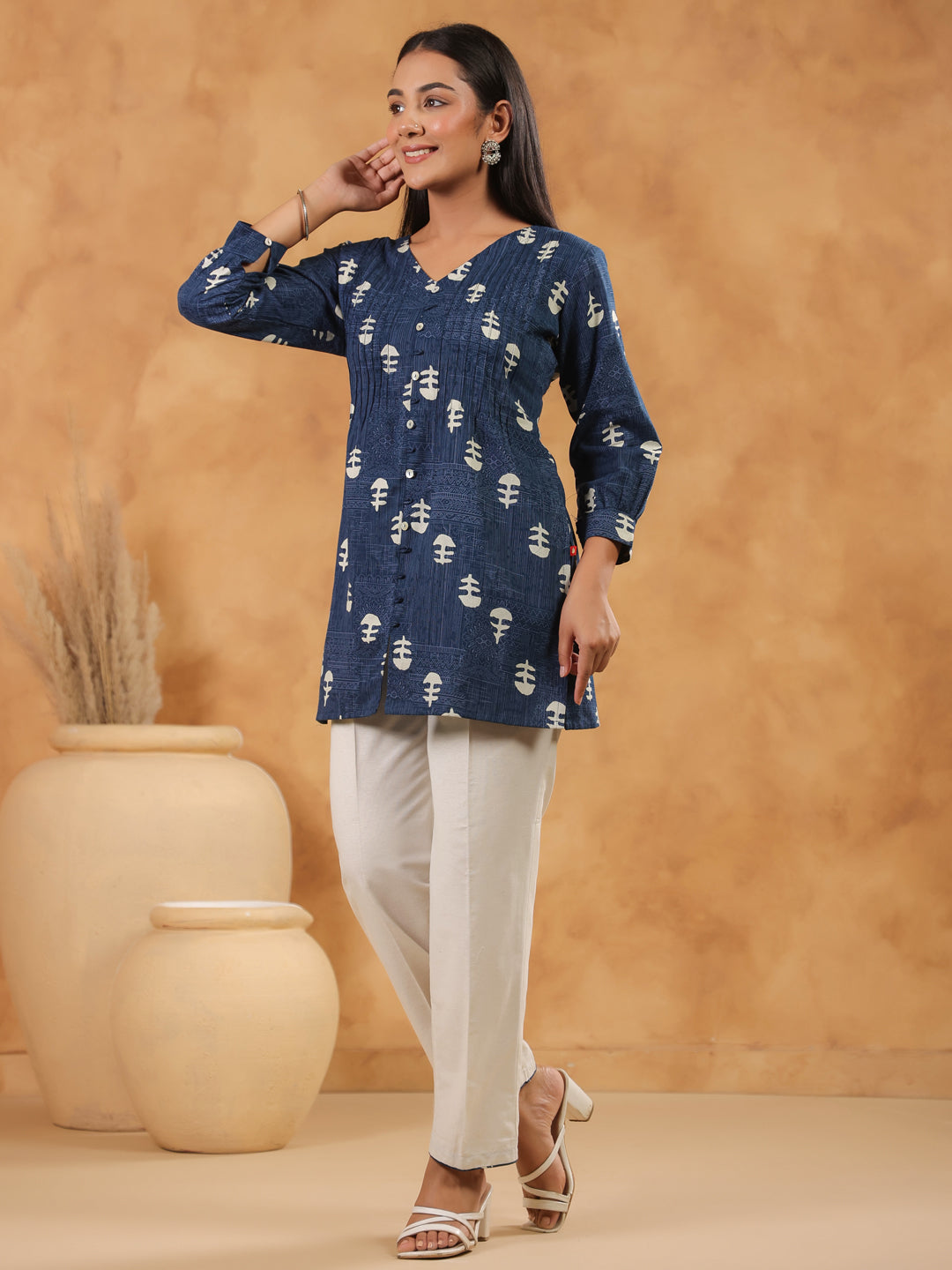 Span Blue V Neck Cotton Co-Ord Set(Set of 2)